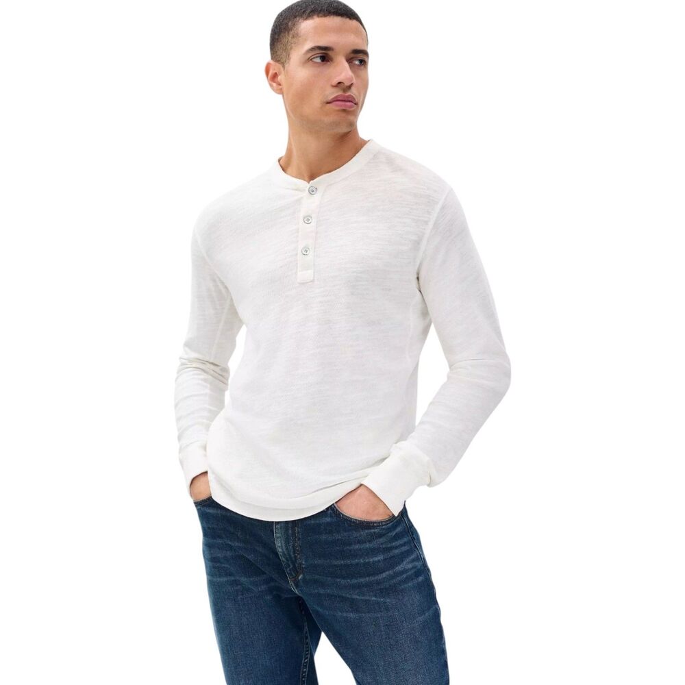 rag & bone Men's Classic Flame Henley Slub Cotton Long Sleeve White Medium